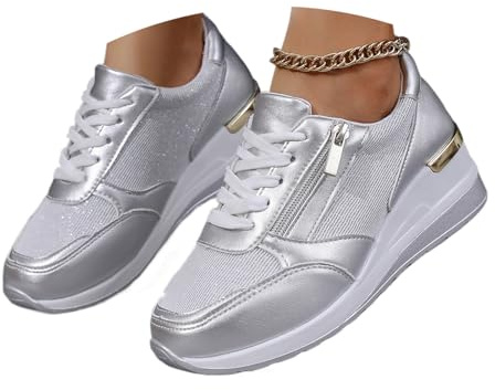 Womens Wedge Trainers, Ladies Platform Shoes Lace Up Comfy Classic Pumps Sneakers Shoes Fashion Heel Wedge Casual Zip Trainers