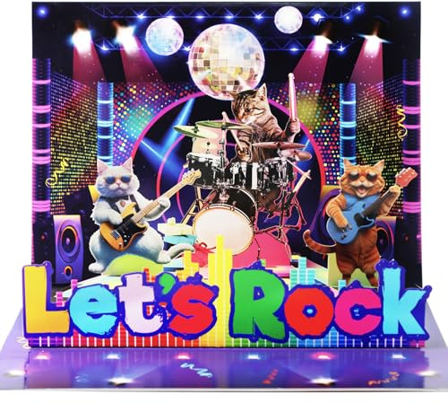 Rockin' Cat - Tarjeta de cumpleaños con luces y música, tarjeta de felicitación musical con guitarra desplegable para amantes de los gatos, regalo divertido único para mujeres y hombres
