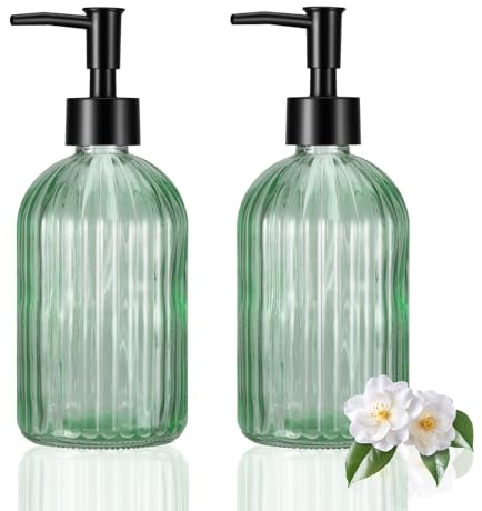 Hejo 2 Pezzi Dispenser Sapone Vetro per Bagno Cucina, 400ml Riutilizzabile Dispenser per Lavamani con Pompa, Design Moderno a Strisce per Detersivo per Piatti e Lavamani in Cucina e Bagno(Verde Oliva)