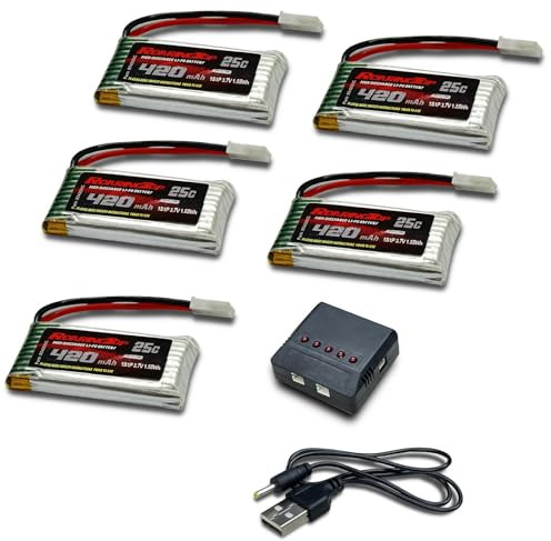 RoaringTop 3.7V 420mAh Lipo Akku 25C mit MOLEX Stecker mit 5in1 Ladegerät für RC Quadcopter Hubschrauber Drohne Quadcopter FPV Modell Racing AT-96 H99W H31 H6C H98 TR-C385 TR-P51 TR-F22