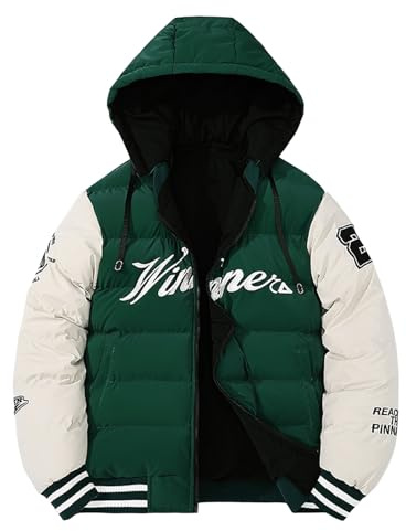 Generisch Giacca invernale da uomo in stile college – Bomber imbottito con cappuccio | Giacca trapuntata con maniche a contrasto, Stil_k03 verde, XL