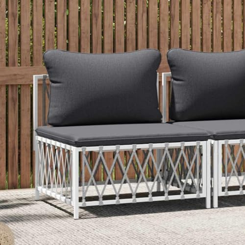 Hoopleep Garten-Mittelsofa mit Kissen, Weißes Gewebe, Pulverbeschichteter Stahlrahmen, 70x72x66 cm, Modulares Loungesofa für Terrasse, Balkon, Außenbereich