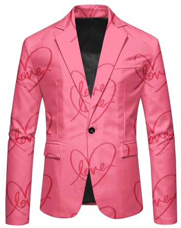 Sakko Chaqueta de traje de negocios para hombre, para San Valentín, holgada, con bolsillos, impresión digital, para bodas, fiestas, bailes, 1 botón y solapa, Rosa., XXL