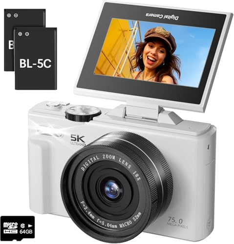 Macchina Fotografica Digitale 5K - 75MP Autofocus per Principianti, Zoom 18x Schermo da 3 Pieghevole a 180° con 64G Scheda, Adatta a Bambini e Adolescenti (Bianco)