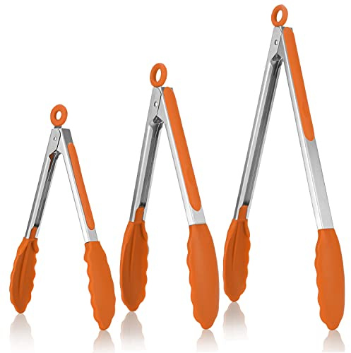 U-Taste 315℃ Värmebeständig Kökstång 18/8 Rostfritt Stål Set med 3 (Orange) | Grilltång med Nonstick Silikonspetsar & Handtag för Matlagning, Servering, BBQ, 18/23/30 cm