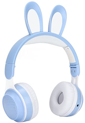 Vikbara Bluetooth 5.0-hörlurar med Mikrofon Söt Kaninöra Trådlösa Hörlurar över örat för Gröna Barn Tonåringar Vuxna, 12 Timmars Lyssningstid, TF/Aux, Inbyggd 7 Modeller LED-färgljus(blå)