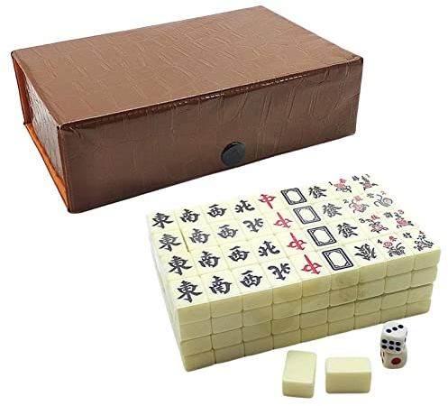 Pomurom Mahjong Chinois - 144 Tuiles, 2 Dés et 2 Cartes Rechange avec Boîte de Transport - Jeu Traditionnel Portatif pour Les Fêtes en et Temps Libre