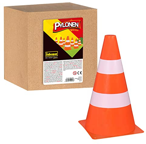 Idena 40223 - Pylonen, 10 Stück, 13,5 x 24 cm, Kegel aus Kunststoff, stapelbar, Verkehrshütchen für Sport, Freizeit, Slalom uvm, Orange-weiß