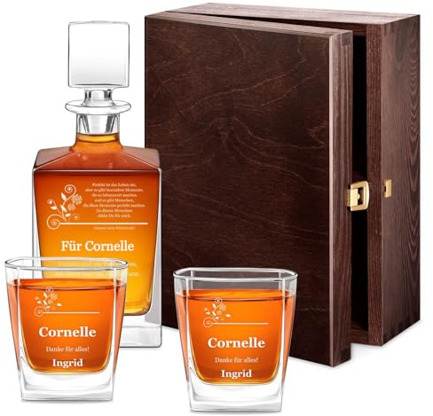 Maverton Whiskykaraffe 810 ml + 2/4 / 6 Whiskygläser mit Gravur - graviertes Whisky Dekanter Set - Glaskaraffe mit Gläsern für Whisky Genießerin - Whiskey Set für Frauen - Blumen Motiv