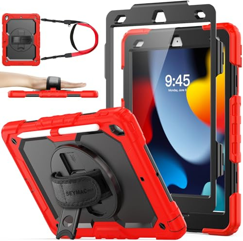 SEYMAC stock Case for iPad 9th/8th/7th Generation 10.2'' 2021/2020/2019 | Heavy Duty Shockproof, with Screen Protector, 360° Rotating Stand/Hand Strap, Pencil Holder & Shoulder Strap, Red