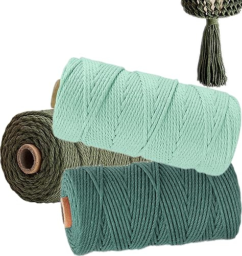 WINOK Lot de 3 fils de macramé 2 mm x 100 m - Multicolore - Fil naturel en coton - Pour plantes murales, artisanat - Vert foncé, vert olive - Vert clair
