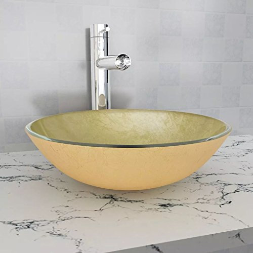 Homgoday Waschbecken aus gehärtetem Glas 42 cm Gold, Waschbecken kleines Badezimmer, Waschbeckenstöpsel Badezimmer, Waschbecken, Filter für Waschbecken Badezimmer, Stöpsel für Waschbecken Badezimmer,