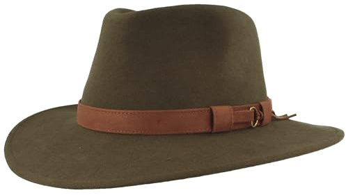 Breiter Rollbarer Outdoor Filzhut Trekkinghut 100% Wolle Hut Wasserabweisend faltbar Ledergarnitur Oliv 59