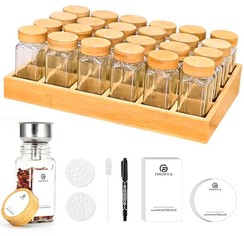 SIAZIH Umweltfreundliches Gewürzregale Holz mit 24 Bambusfächern | 24 120ml-Gewürzgläser Drawer Organizer | Gewürzregal mit Gläsern Gewürzetiketten | Gewürzregal Stehend | Gewürz Organizer