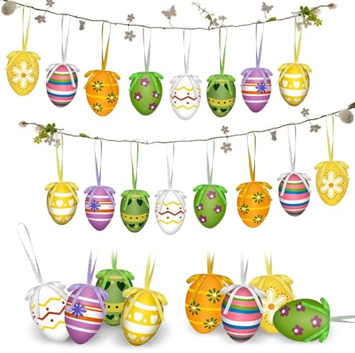 Ostereier zum Aufhängen, 24 Stück Ostereier Plastik, Ostereier, Ostereier Deko, Ostereier zum Aufhängen Draußen, Wiederverwendbare Ostern Deko, Osterdeko Eier Hängedeko für Ostern, Osterdekoration