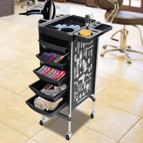 DSYOGX Friseurwagen Rollwagen, Salon Rollwagen mit 5 Schubladen Multifunktionale Salonwagen Friseurwagen Stabiler und Langlebiger Arbeitswagen für Schönheitssalons, Friseursalons (Schwarz)