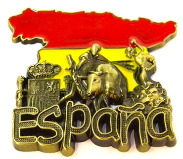 BETTER WITH FRIENDS 3D Kühlschrankmagnet aus Metall. 8 cm x 6 cm Turm, Flagge, Tänzerin von spanischem Flamenco, Flagge von Spanien, Kleid mit Tupfenmuster, mit Pericon-Figur, Fächer, Sevillaner