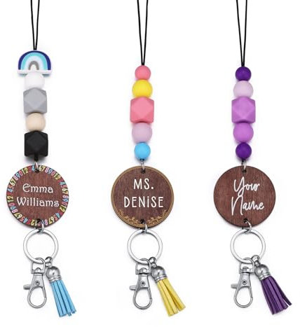 MeMeDIY Personalisiertes Lehrer-Schlüsselband für Ausweise und Schlüssel Buntes Schlüsselband aus Silikonperlen mit graviertem Namensschild aus Holz Personalisierte süße Geschenke für Lehrer Stil 04