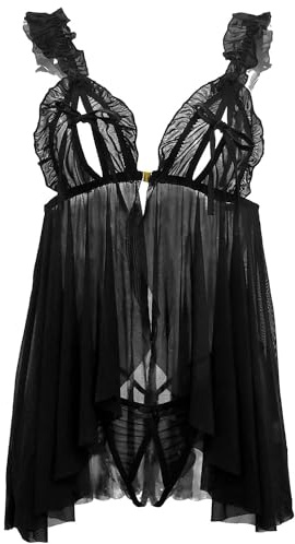 mini kitty Lingerie Sets Sexy for Women Nightwear Babydoll Mesh Nightwear Chemise Sleepwear Underwear Teddy Nightgown Negligee with Thong, Black