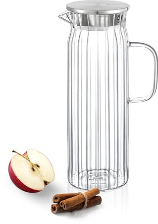 Wilmax | Glaskaraffe mit Deckel aus Edelstahl | 1500ml | Wasserkaraffe aus geriffeltem Glas | Wasserkrug für Saft, Wasser, Eistee, Milch | Glaskaraffe | Wasserkanne | Spülmaschinenfest