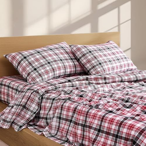 Linen Closet Ensemble de draps en Flanelle 100% Coton, Douce et Confortable, pour très Grand lit - Motif Tartan Corbeau