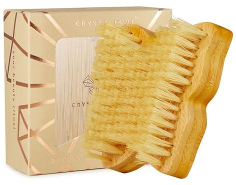 CRYSTALLOVE Cepillo de masaje de bambú – Cepillo corporal de madera – Cepillo seco con cerdas naturales de agave – Cepillo de madera para exfoliación corporal y celulitis – Cepillo exfoliante –