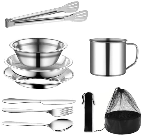 Camping Geschirr Set 10 Teilig, Camping Geschirr 1 Person, Edelstahl Campinggeschirr, Gadgets zubehör Besteckset Picknick Picnic Camping-geschir