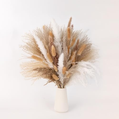 Getrocknete Pampasgras Deko Set 65 Stück Natürliche Pampasgras Trockenblumen Deko DIY Schilfgrasstrauß für Hochzeit Pflanzen Blumenstrauß Boho Pampas Deko für Wohnzimmer Home Hochzeit Vasen Tischdeko