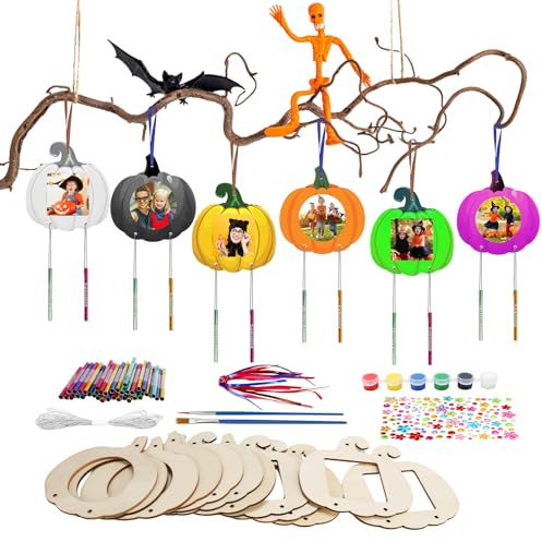 WEDNOK 12 Stück Kürbis Bilderrahmen Windspiel Bastelset Herbst Basteln Kinder Holz Herbst Bastelhandwerk zum Bemalen Pumpkin Kreativsets für Mädchen Junge Herbstszeit Halloween