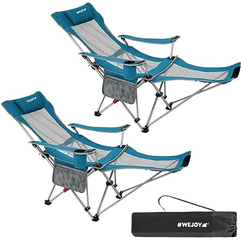 #WEJOY Camping Chairs Folding Recliner Chair Adjustable with Detachable Footrest Headrest Cup Holder Lightweight Portable Reclining Camp Chair Fold Up Chair for Outdoor Beach Garden, Cyan Set of 2