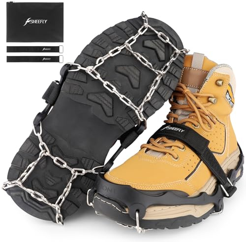 SHEEFLY Crampons,Ice Grips for Shoes and Boots Upgraded Non Slip Snow Chains Ice Cleats with Adjustable Straps,Snow Grips Ice Traction Cleat for Women Men Perfect for Running,Hiking,Climbing,Fishing
