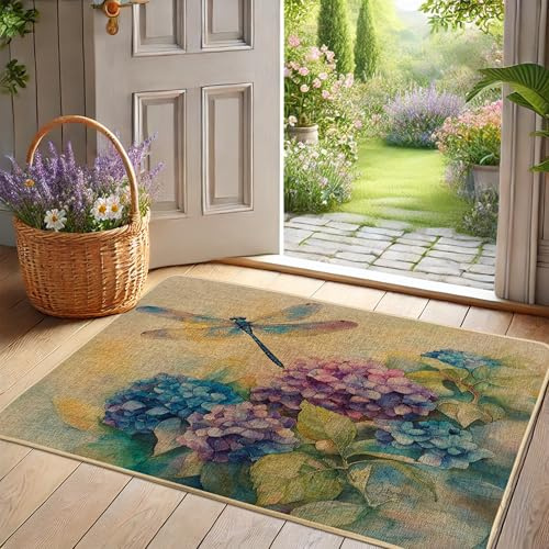 Zerbino con ortensia con libellula, motivo floreale blu e viola, per primavera ed estate, decorazione per interni ed esterni, in gomma antiscivolo, impermeabile, antipolvere, facile da pulire, 73 x 43