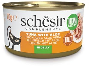 Schesir, Filetes de Atún con Aloe en Gelatina, Comida Húmeda Complementaria para Gatos, en Latas, Receta Original, 100% Natural, 12 x 70g
