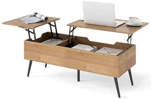 COSTWAY Lift Up Top Coffee Table, Wooden Double Lifting Cocktail Center Table with Hidden Storage Compartments, 5 Metal Legs Rectangle Accent Sofa Side Tea Tables for Living Room Office (Natural)