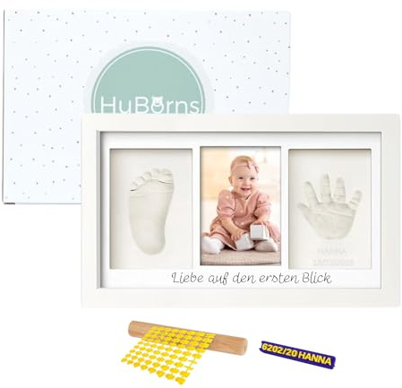 HuBorns – Kit impronte neonato con argilla, cornice per calco mani e piedi, idea regalo nascita o battesimo, ricordo originale per bimbo e bimba (Bianco con lettere)