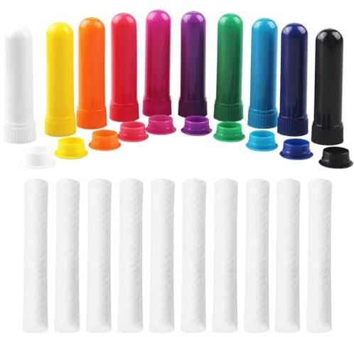 EIHI 10 Pièces Stick Inhalateur pour Huiles Essentielles Nez, Bonne Hygroscopique, Tubes Inhalateurs Réutilisable Plastiques Vides Aromathérapie avec Mèches (10 Couleurs)