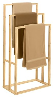 BRINDEK Toallero de Pie de Bambú Natural con 3 Niveles | Estructura Abierta para baño, Dormitorio o lavadero | Diseño Moderno Tipo Escalera | Ligero, Resistente y fácil de Montar | 62x42x24 cm