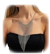 DarBudMay Punk Mesh Fringe Necklace -Metal Link Chain Harness Chest Chain Statement Clavicle Chain Necklace Jewelry for Party Festival Gothic Outfit Accessory