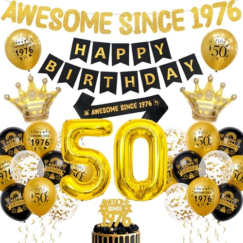 50th Birthday Decorations Black Gold - Awesome Since 1976 Banner Set with Cake Topper and Sash, Happy Birthday Banners, Number Foil Balloons, Latex Balloons for 50 Years Old Party Supplies