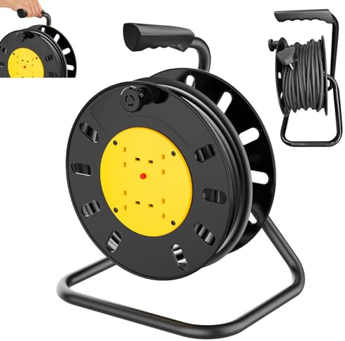 Garden Extension Lead Waterproof, 4 Socket Garden Extension Cable Reel 50M Heavy Duty Industrial Outdoor Extra Long Extension Cable with Winding Handle, Resettable Safety Cut Out, Handbag Reel, Yellow