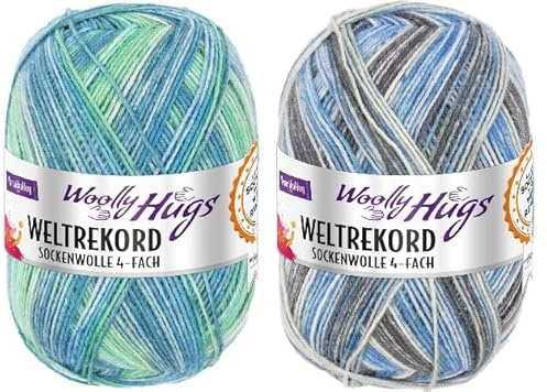Woolly Hugs Weltrekord Sockenwolle, 100g, 75% Schurwolle & 25% Polyamid, 420m Lauflänge, Strapazierfähiges Sockengarn, 2er Sparpaket (05+06)