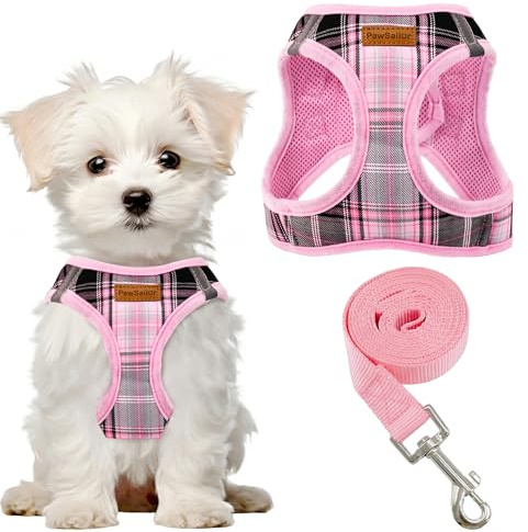 PawSailor Step-in Hundegeschirr Klein Hunde Anti-Zug Welpengeschirr, Rosa | Gepolstert Verstellbar Brustgeschirr mit Leine, Atmungsaktiv Mesh, Reflektierend Karomuster für Kleine Hunde & Katzen, XXXS