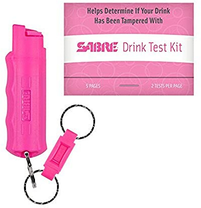 SABRE RED Pepper Spray - Police Strength - with Durable Key Case, Finger Grip, Quick Release Key Ring, 25 Bursts (Up to 5x Other Brands), 10-Foot (3M) Range & Booklet of 5 Drink Test Strips