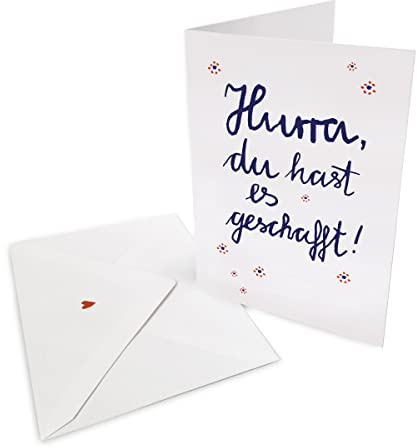 Glückwunschkarte zur Prüfung - Hurra, du hast es geschafft - originelle Grußkarte zum bestandenen Abitur, Diplom, Abschluss, Führerschein, Klappkarte mit Leinenstruktur inkl. Umschlag, Blau Weiß
