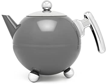 Bredemeijer graue bauchige doppelwandige Edelstahl Teekanne 1.2 Liter