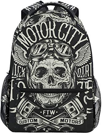 BKEOY Rucksäcke Motorrad Totenkopf Vintage Schulbuch Tasche Reise Wandern Camping Daypack