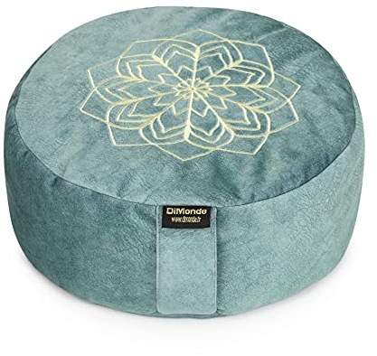 DiMonde Zafu Meditationskissen Yogakissen Rund - Buchweizenschälen - Waschbarer Bezug mit Griff - Baumwolletasche - Mandala - Sitzhöhe 13 cm Durchmesser 33 cm (grün)