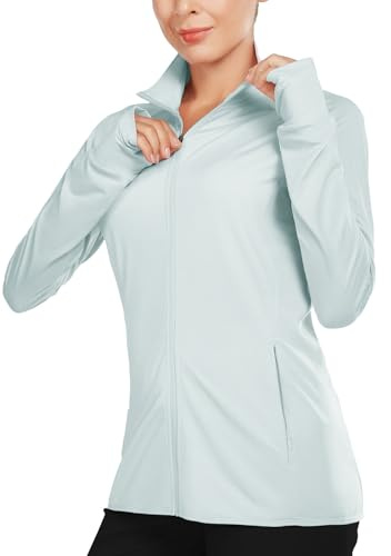 baleaf Women's Long Sleeve Running Shirts UPF 50+ Sun Protection Full Zip Athletic Jackets Lightweight Zipper Pockets Sky Blue Size XXXL