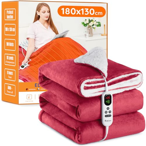 Mia&Coco Värmefilt med automatisk avstängning, 130 x 180 cm, 10 värmenivåer upp till 9 timmar automatisk avstängning timer överhettningsskydd, elektrisk värmefilt tvättbar, röd