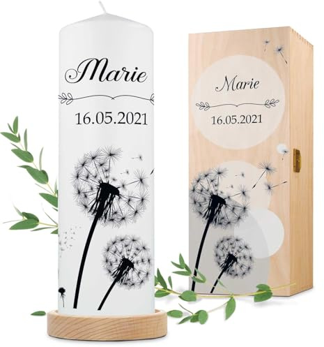 GRAVURZEILE Trauerkerze Pusteblume - Kerze mit Name & Datum - Hochwertige Stumpenkerze 250/80 mm brilliant bedruckt - Trauerdekoration für das Grab - Geschenk für die Trauernden